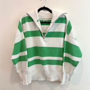 Green and White Striped Half-Zip Women’s Sweater